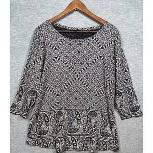 Lucky Brand Womens Plus 1X Paisley Medallion Print 3/4 Sleeve Knit Top Black